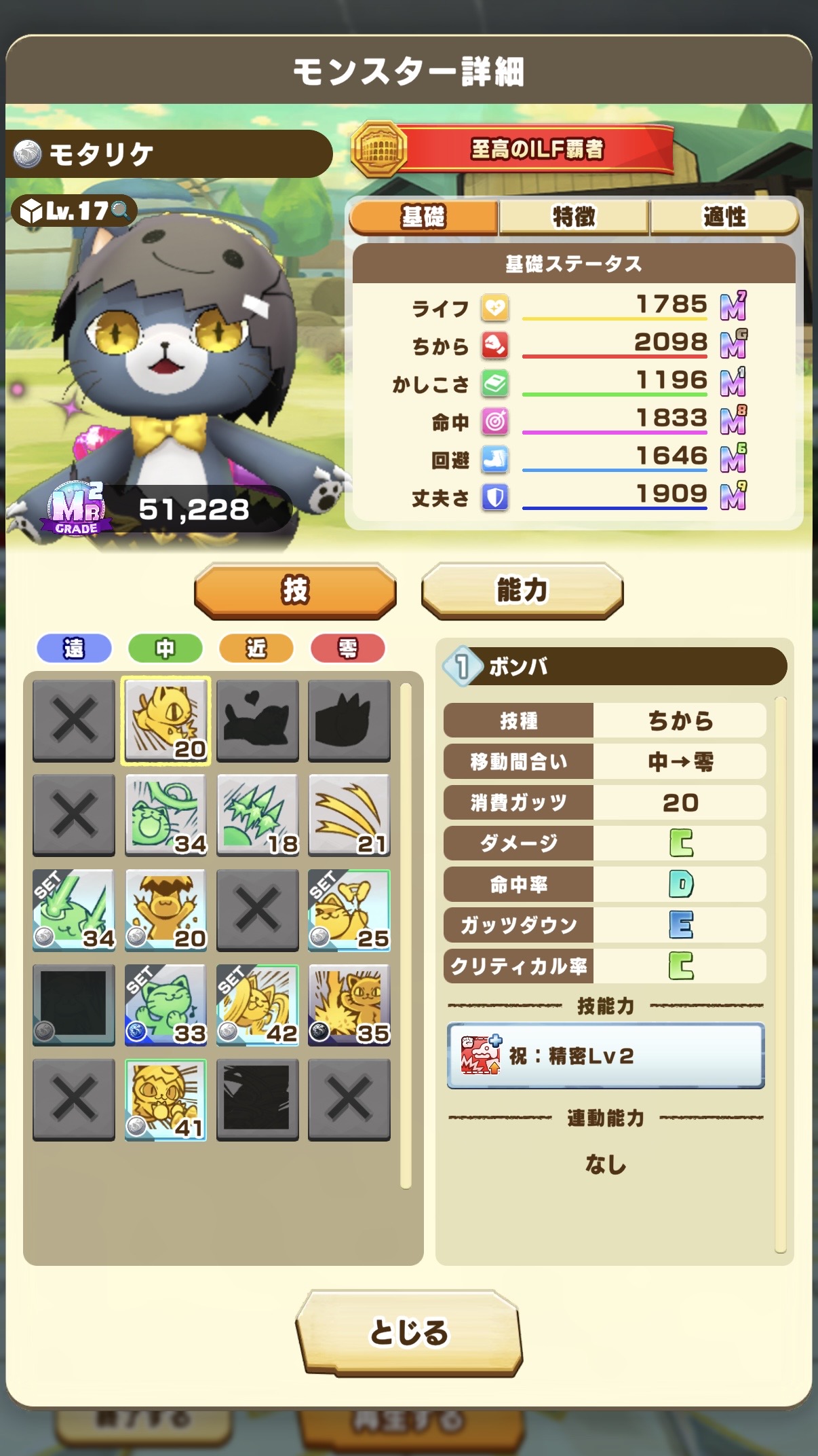 超・頂上決戦に出場したモタリケのステータス（MRグレード51,228）